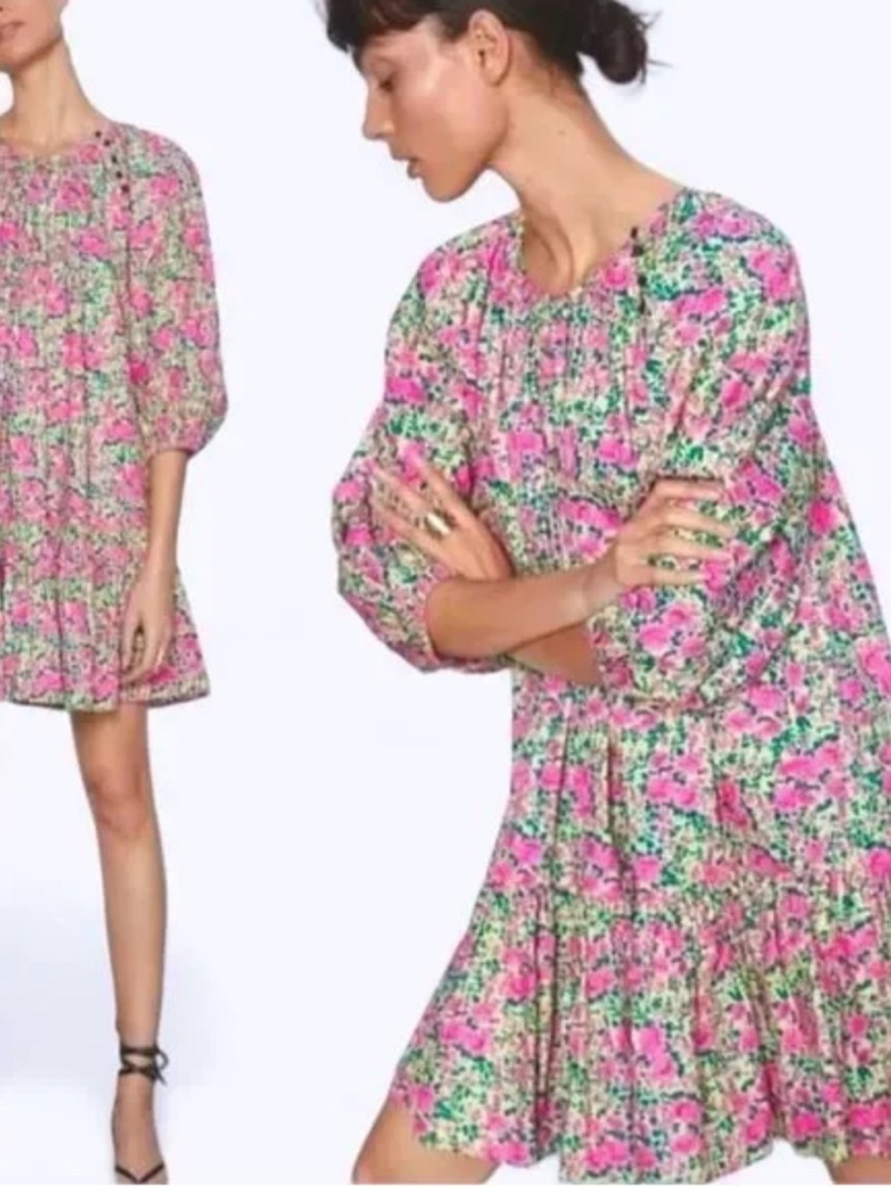 Zara Pink and Green Floral Mini Dress